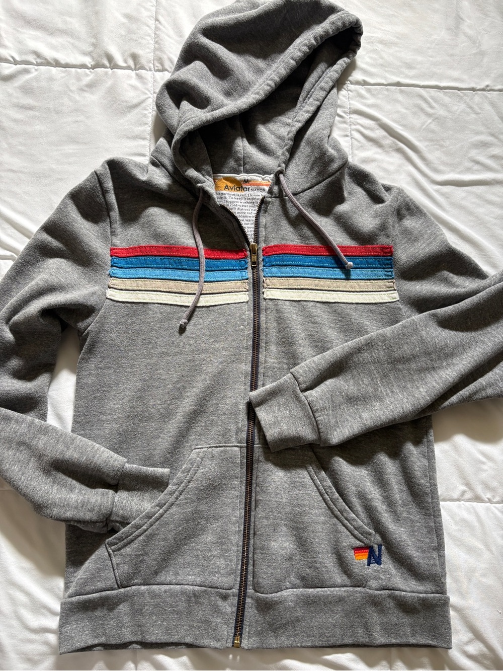 Aviator Nation Women’s Gray Zip Hoodie with Red, Blue & Cream Stripes
